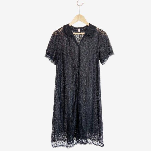 Vintage Black Lace Bed Jacket / Duster Dress by Dore / Made in Canada / Small - Picture 2 of 14
